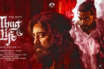 Kamal Haasan in Thug Life (2025), portrayed as a gritty character with a intense expression, wearing a rugged outfit against a dramatic urban backdrop. The Raaj Kamal Films International logo and text "Releasing June 5, 2025"