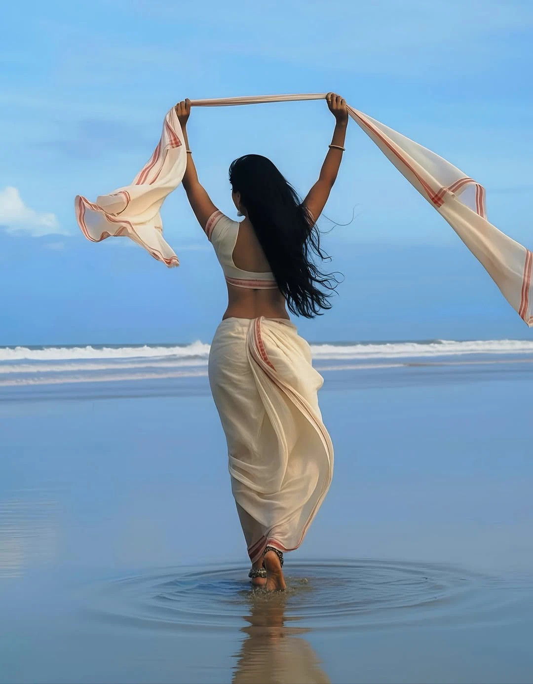 JyotiPoorvaj Stunning Looks in White Saree at Beach