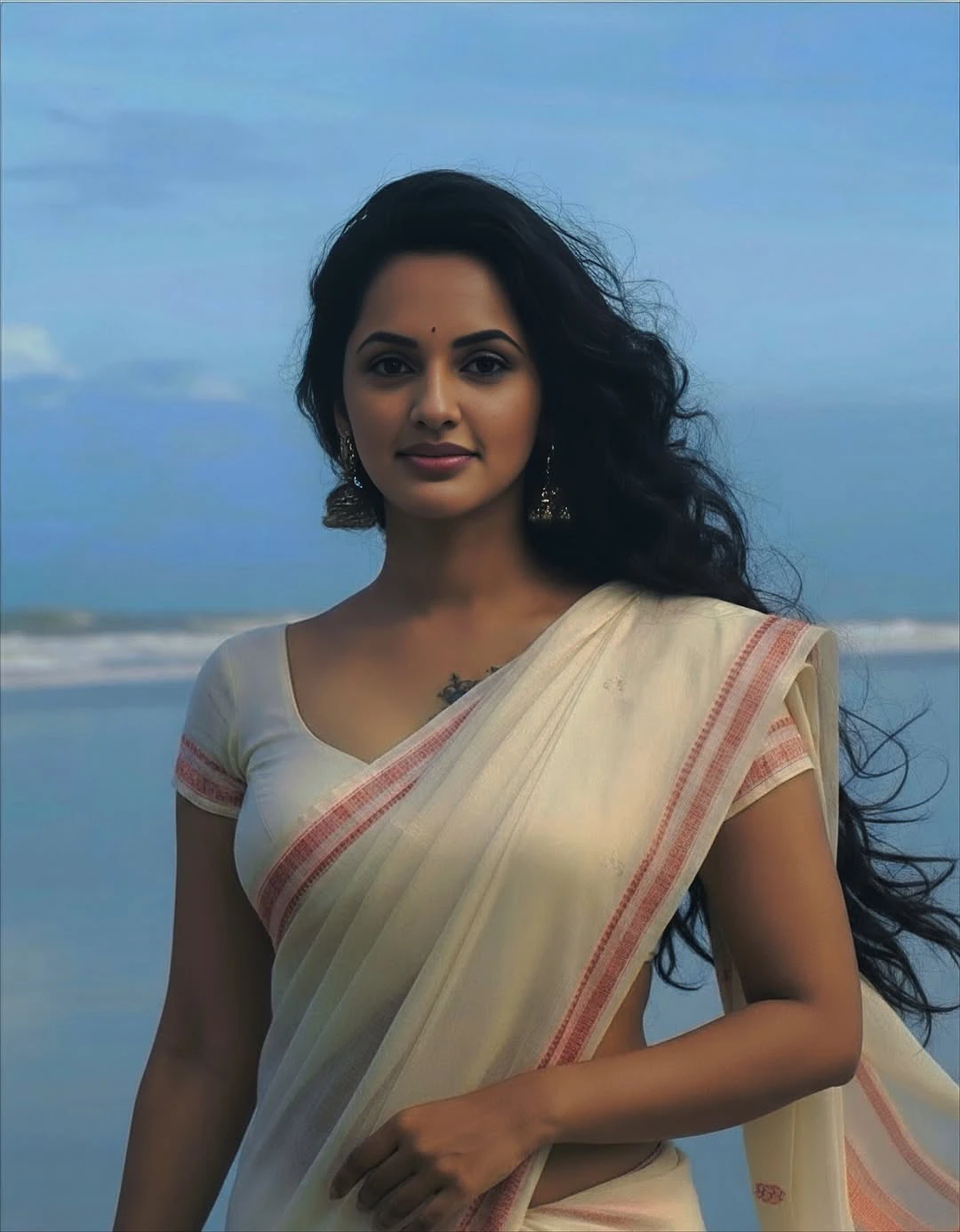 JyotiPoorvaj Stunning Looks in White Saree at Beach