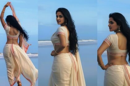 JyotiPoorvaj Stunning Looks in White Saree at Beach