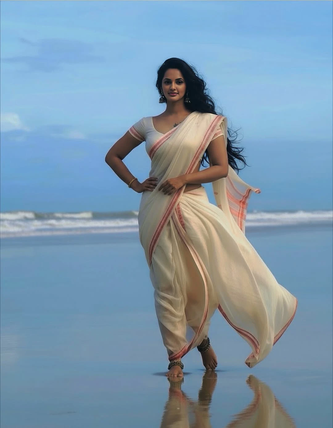 JyotiPoorvaj Stunning Looks in White Saree at Beach