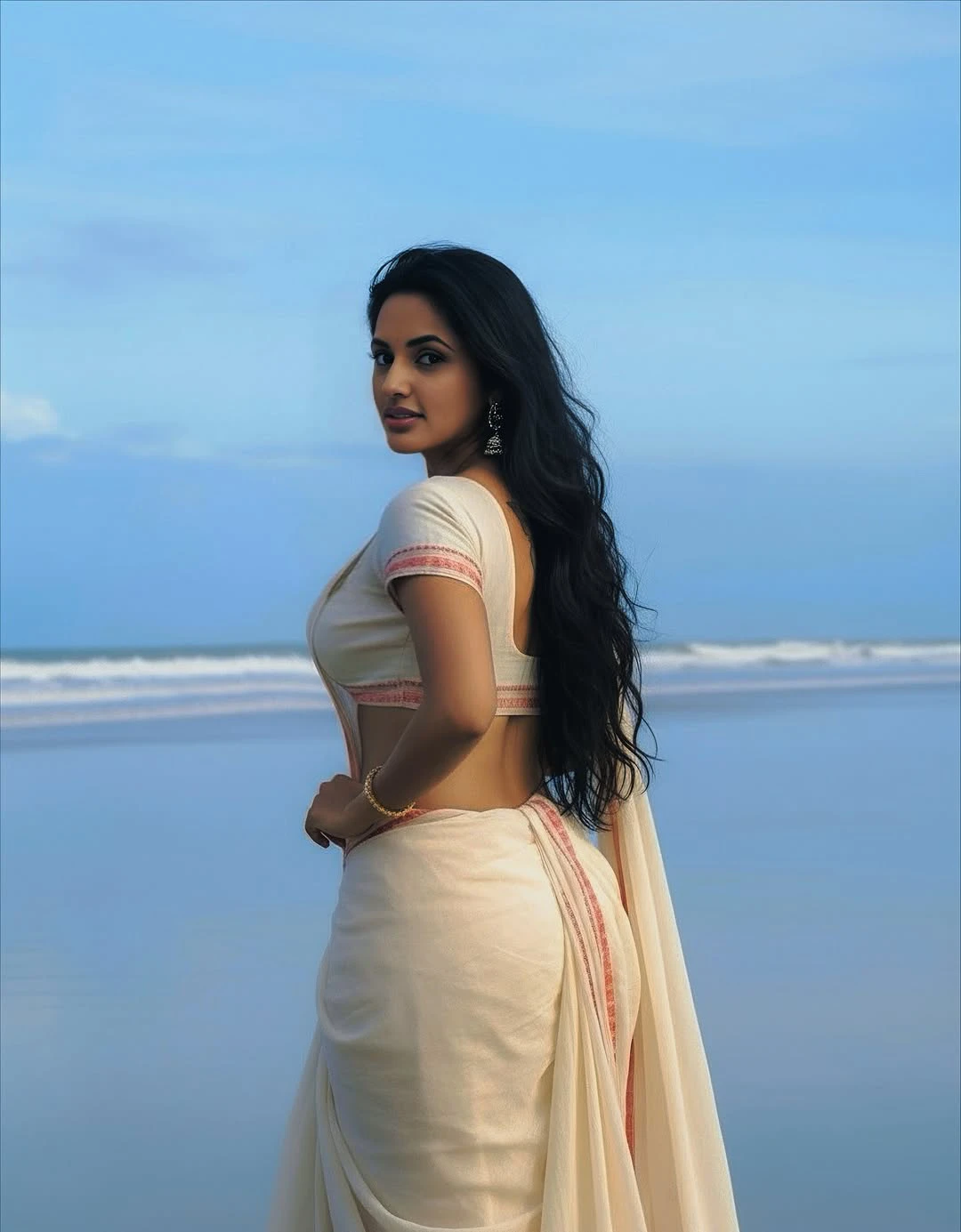 JyotiPoorvaj Stunning Looks in White Saree at Beach