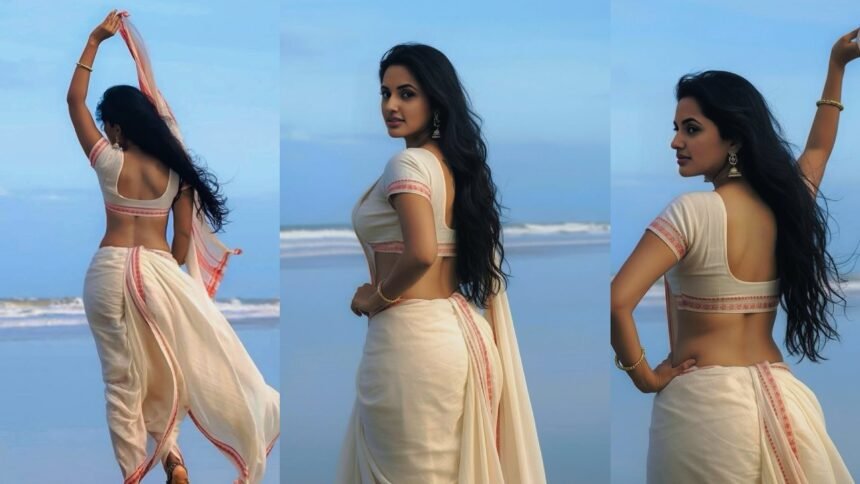 JyotiPoorvaj Stunning Looks in White Saree at Beach