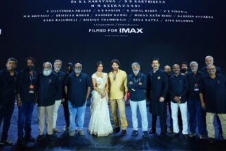 MaheshBabu and SSRajamouli GlobeTrotter Event Varanasi Film Group Picture