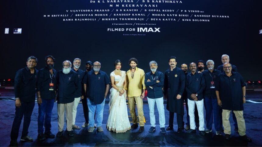 MaheshBabu and SSRajamouli GlobeTrotter Event Varanasi Film Group Picture
