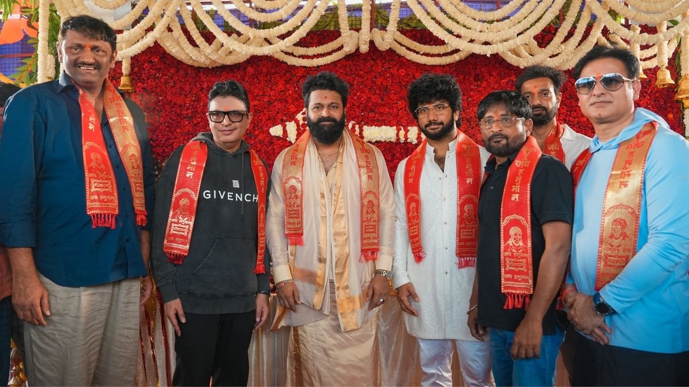 Rishab Shetty performing traditional puja at Jai Hanuman movie launch ceremony in Anjanadri Betta, Hampi