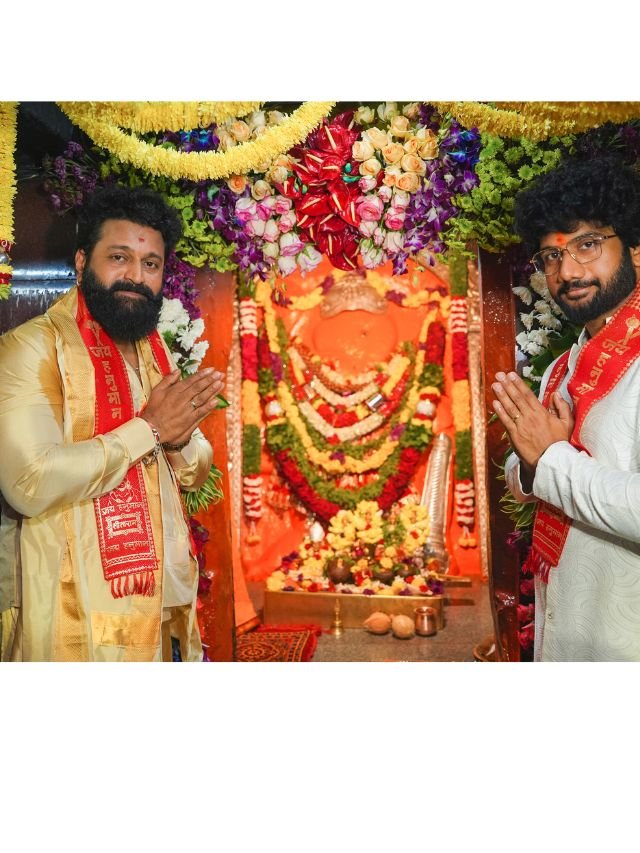 Director Prasanth Varma with actors Rishab Shetty and Teja Sajja during the muhurat puja of Jai Hanuman film at Hampi