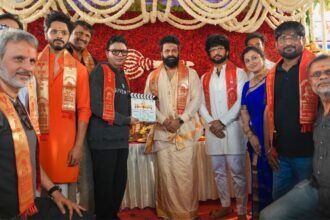 Jai Hanuman movie team in traditional attire at the sacred puja ceremony launch event in Hampi, birthplace of Lord Hanuman